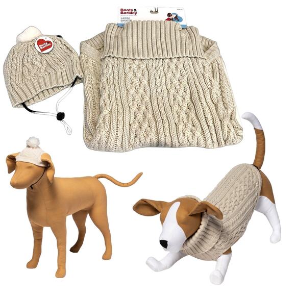 NEW Puppy Dog PET SWEATER & HAT OUTFIT Set LG Cream Knit Boots Barkley to 80lb - Picture 1 of 11